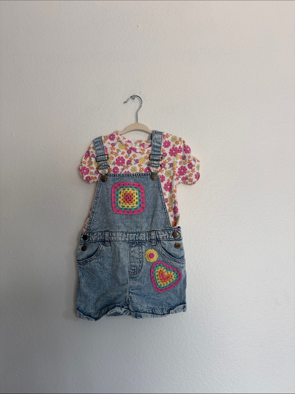 Denim Short Overalls with Pink Floral Tee and Crochet Accents